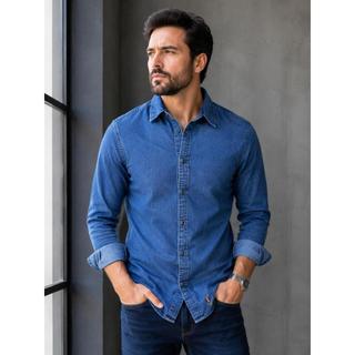 Camisa Jeans Social Manga Longa 100% Algodão Casual Tecnológica Conforto Casamento Igreja Trabalho Festa Dia a Dia