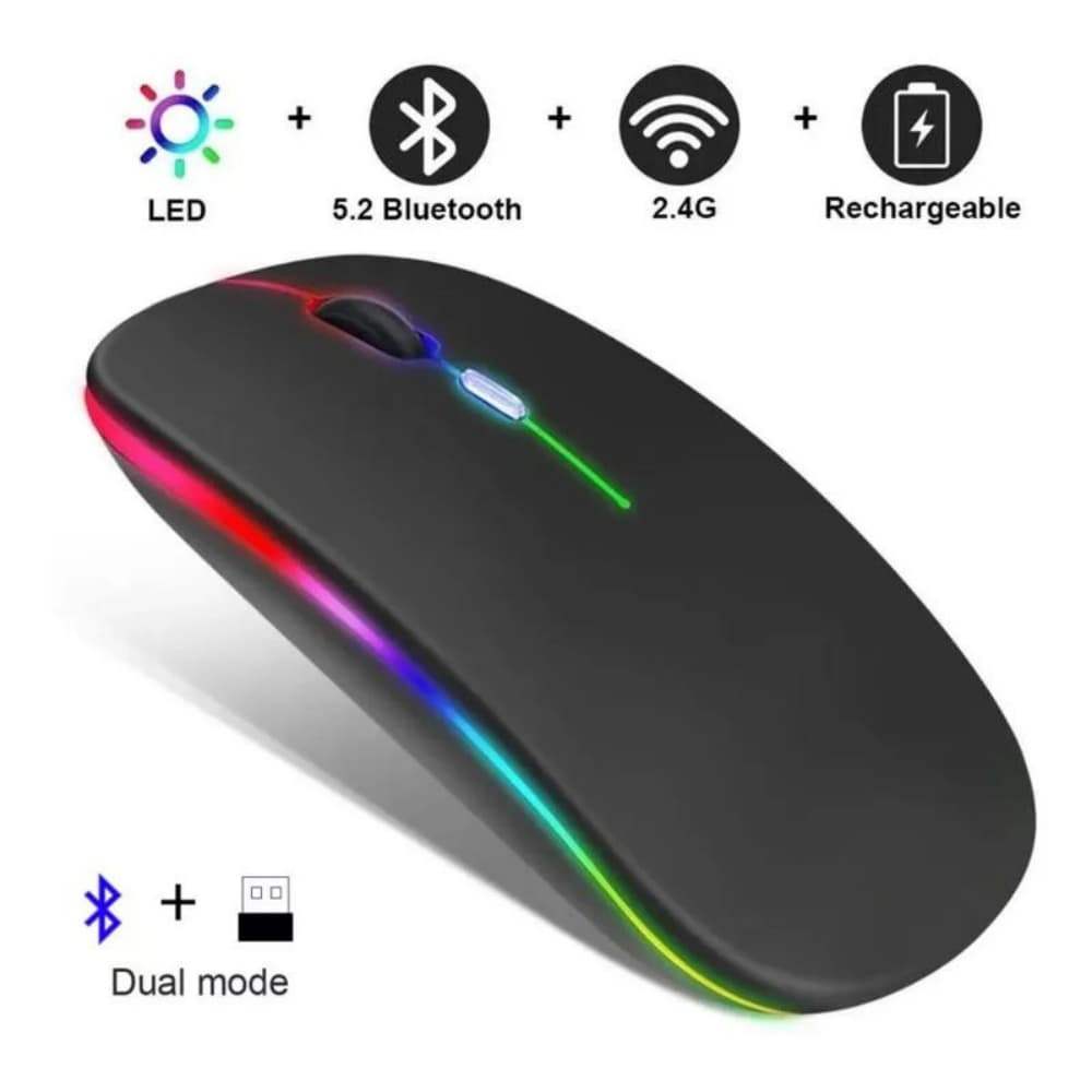 Mouse Sem Fio Recarregável Silencioso Bluetooth 2.4G com LED RGB Portátil para Notebook e PC
