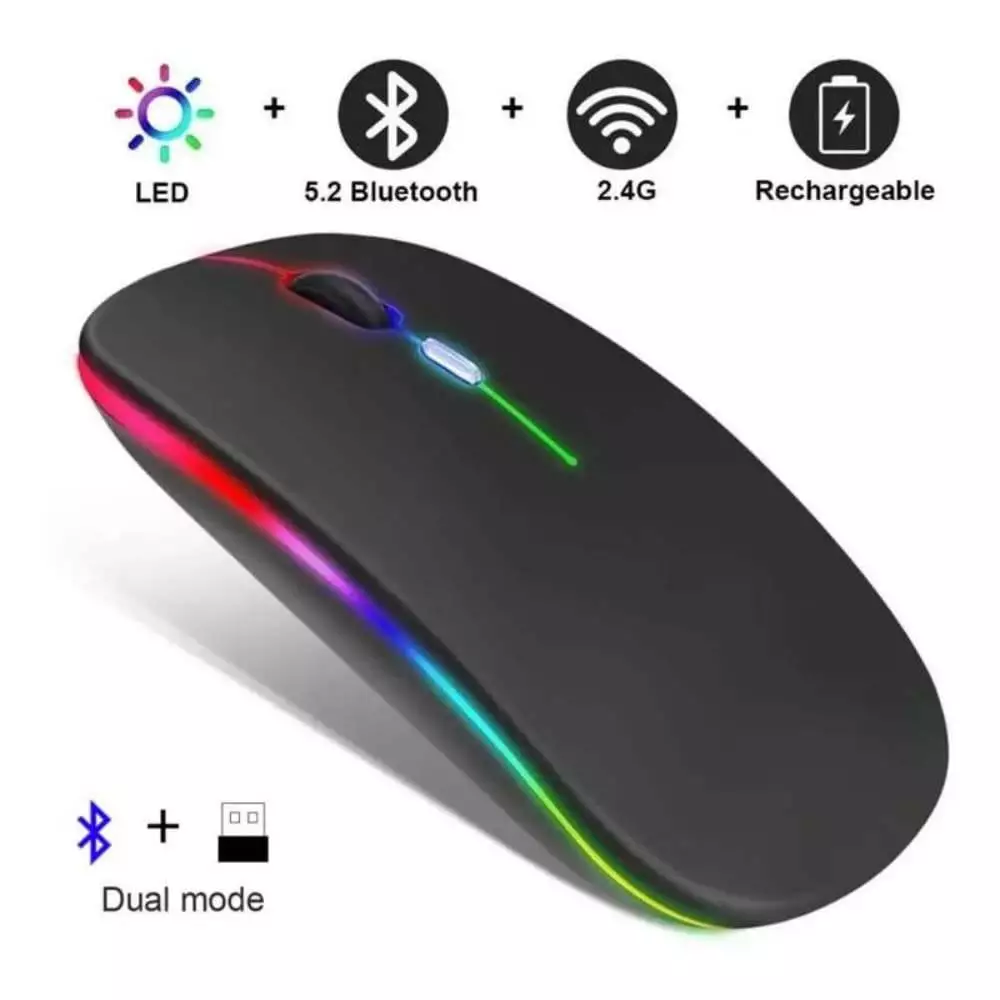 Mouse Sem Fio Recarregável Silencioso Bluetooth 2.4G com LED RGB Portátil para Notebook e PC