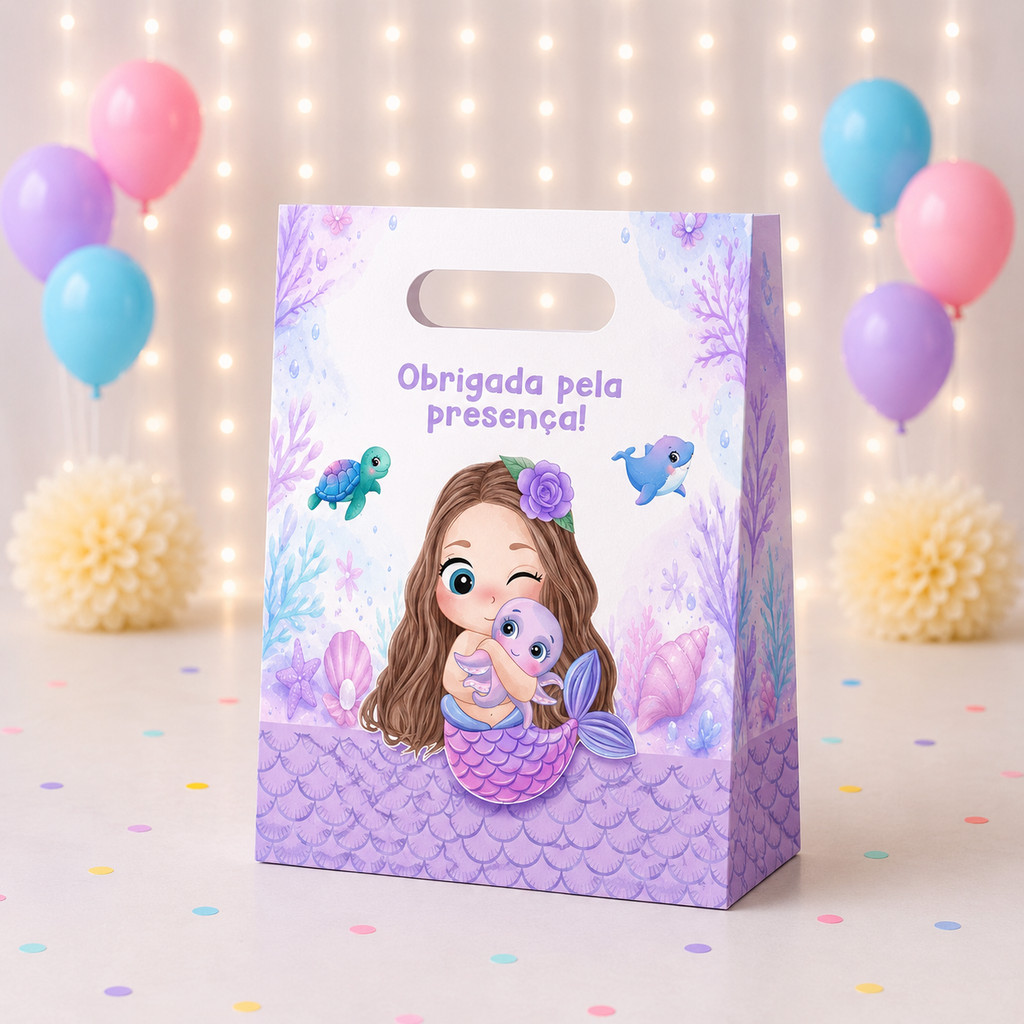 Sacolinha Personalizada Sereia Aquarela Lembrancinha de festa infantil