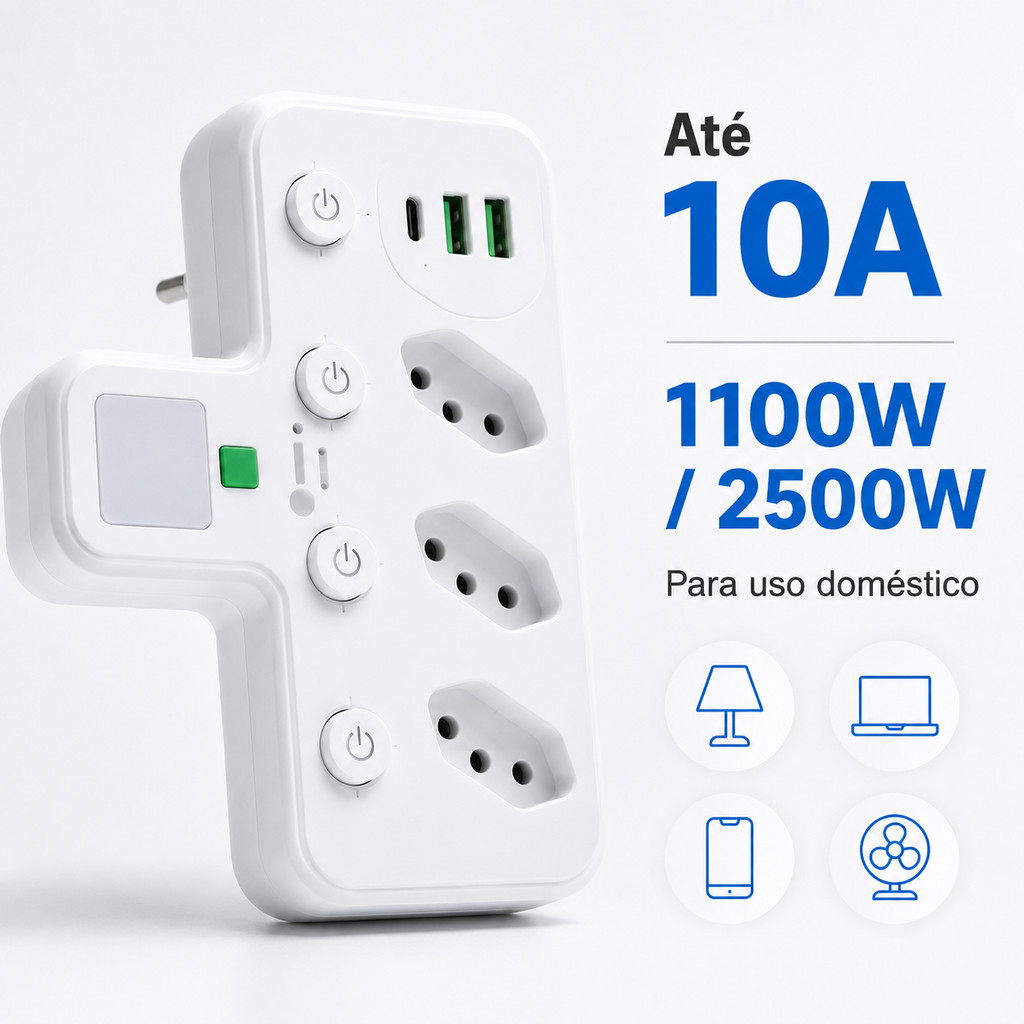 Adaptador De Tomada Benjamin 6 Em 1, 3 Tomadas 2P+T, 2 USB E USB-C, Bivolt 110–250V, 10A, Até 2500W