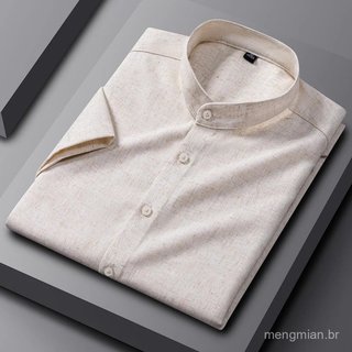 Camisa Masculina de Manga Curta de Alta Qualidade, Estilo Chinês de Verão, 2,7% Linho, Sem Bolso, Respirável, Gola Alta,