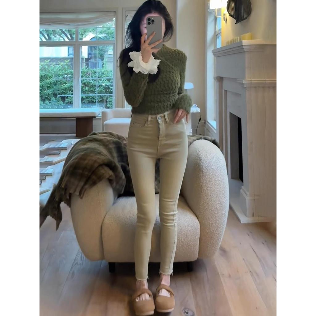 Cáqui magro Jeans 2026 outono inverno novo estilo cintura alta estiramento Leggings mais magro olhar tornozelo comprimen
