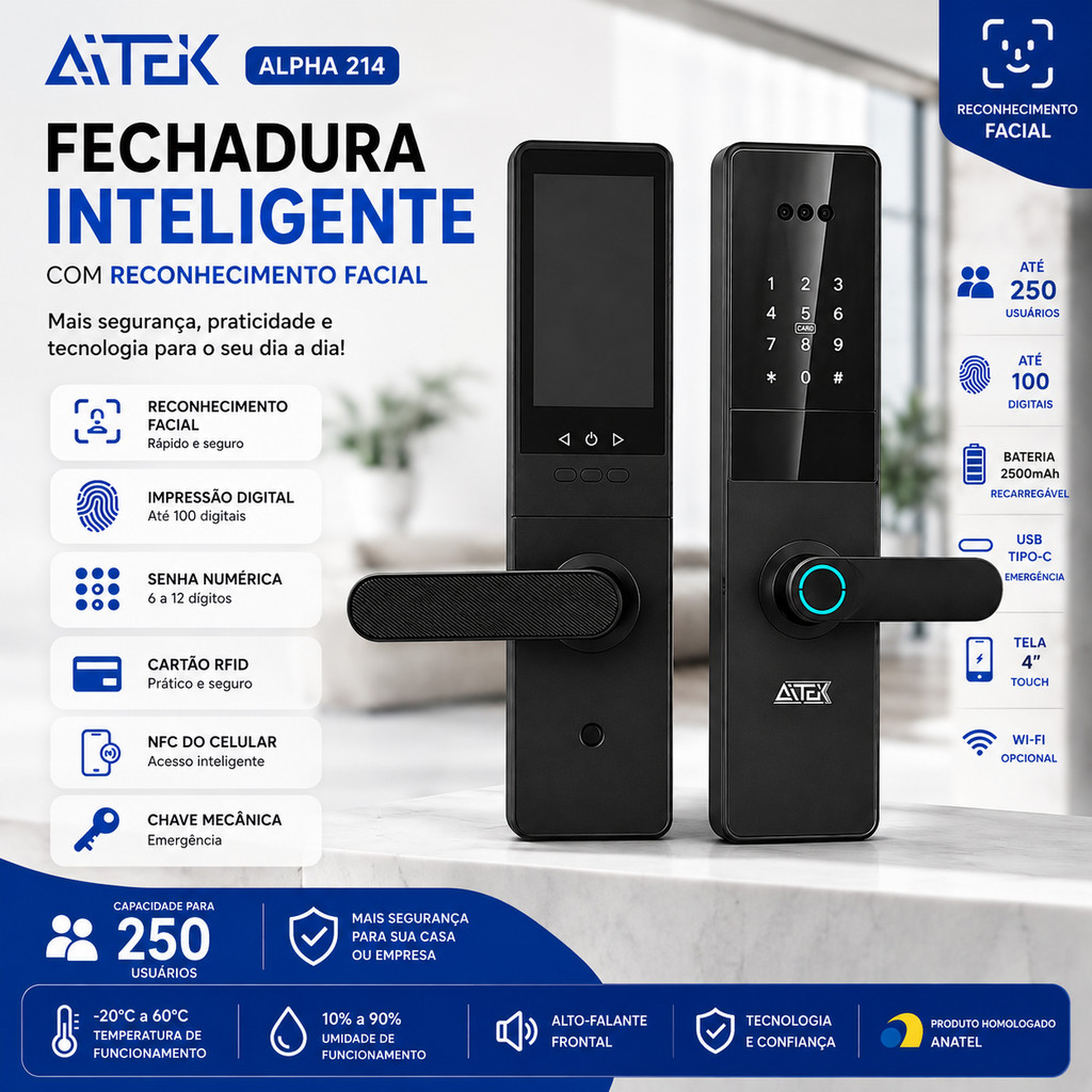 Fechadura Inteligente Digital com Reconhecimento Facial Biometria Senha Cartão Tela 4” para Porta Casa Escritório
