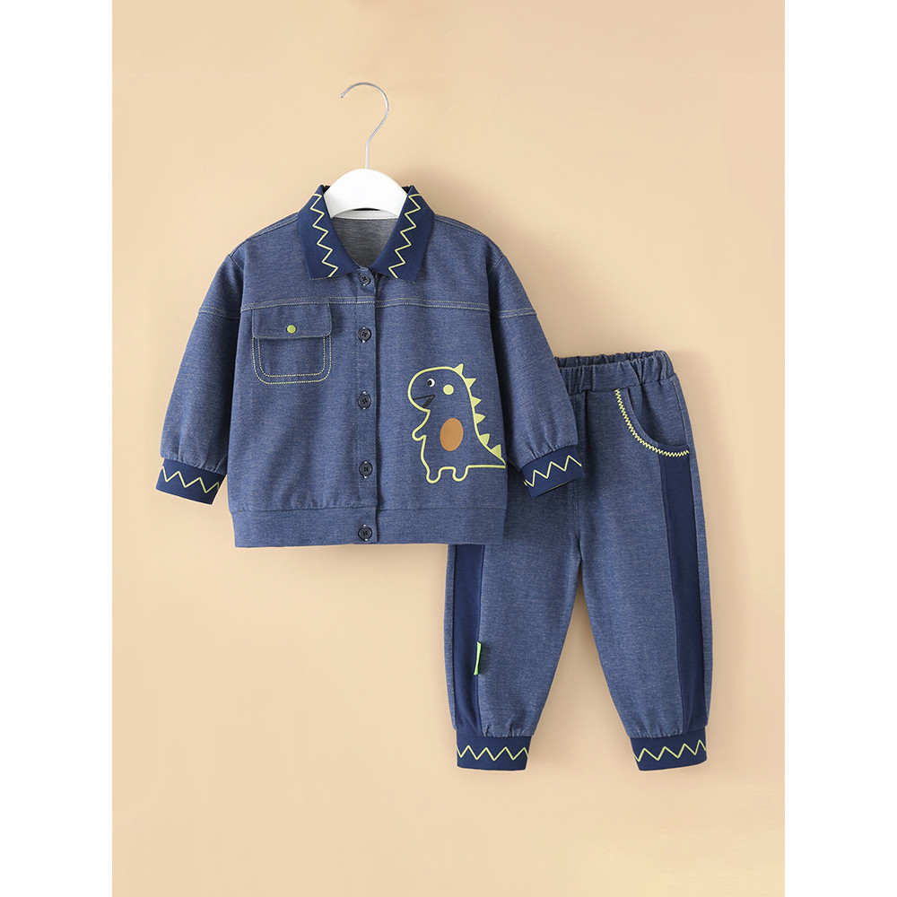 Roupas de bebê lapela conjunto de duas peças crianças primavera outono Denim terno dos desenhos animados dinossauro jaqu