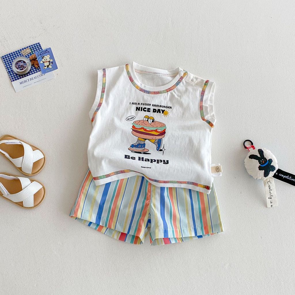 Crianças hambúrguer colete conjunto verão novo estilo menino dos desenhos animados impresso camiseta bebê listrado Short