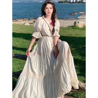 Estilo retrô francês feminino bege algodão linho renda costura estilo férias saia multicamadas manga média viagem férias