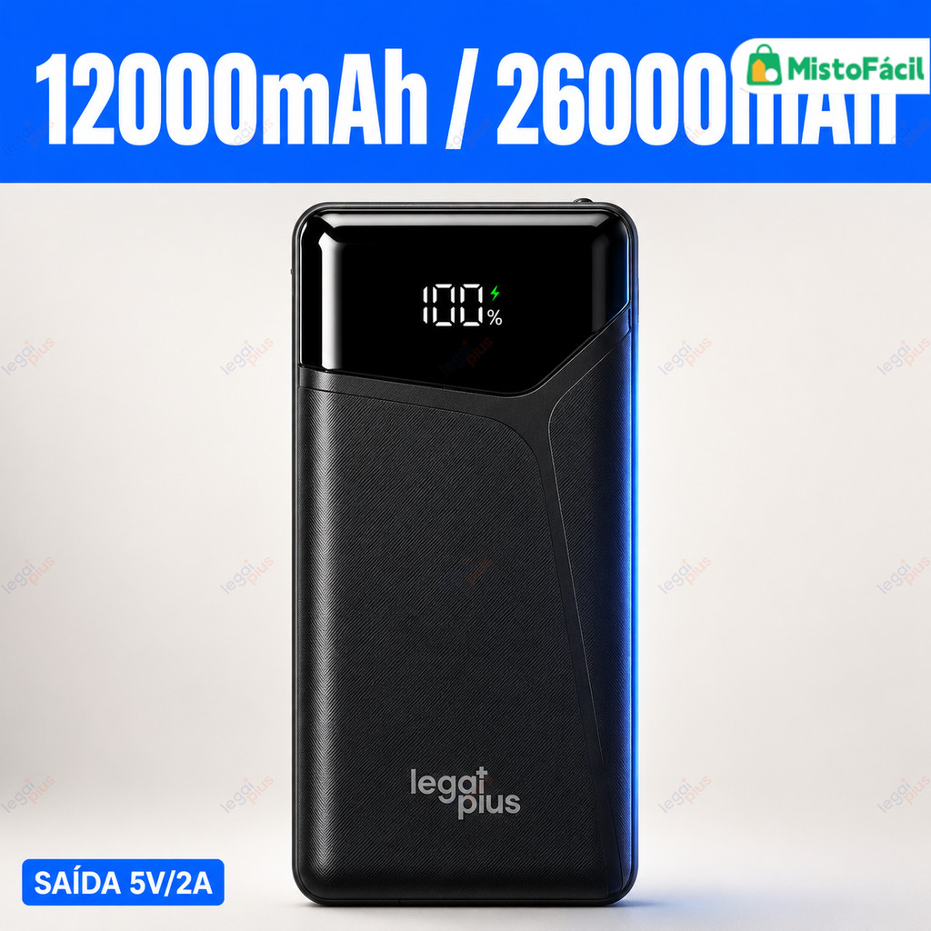 Power Bank 12000/26000mAh Carregador Portátil 3 Cabos Tela LED Tipo C Lightning Alta Capacidade