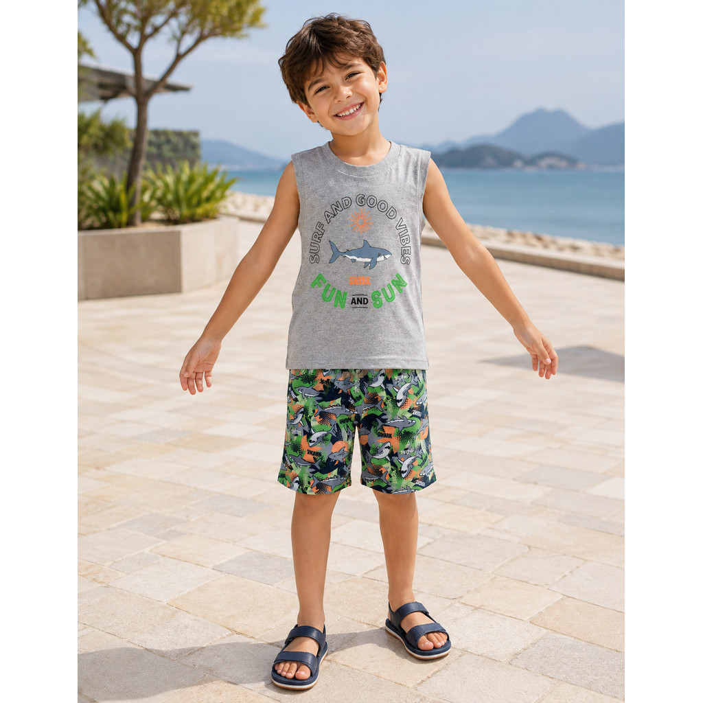 Conjunto Infantil Menino Regata Machão e Bermuda Tectel Estampada 4a8 CLEOMARA 74