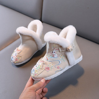 W inverno meninas forro de lã Hanfu sapatos coelho botas de algodão antigo crianças engrossado sapatos bordados bebê que