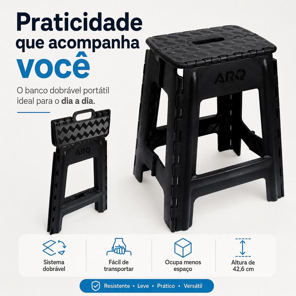 Banqueta Alta Dobrável de Plástico Portátil Preta - Arqplast