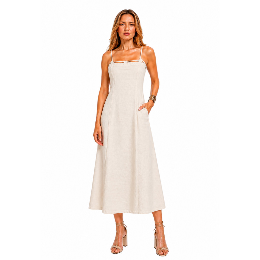 Vestido Midi De Linho Soltinho Premium Com Alcinhas Delicado
