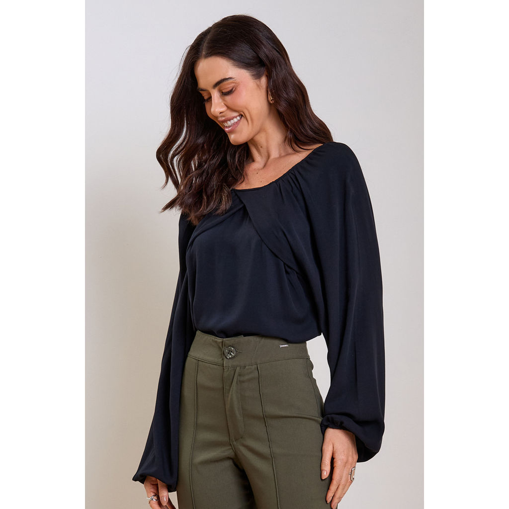 Blusa Feminina Manga Bufante Com Transpasse Marialícia Preto