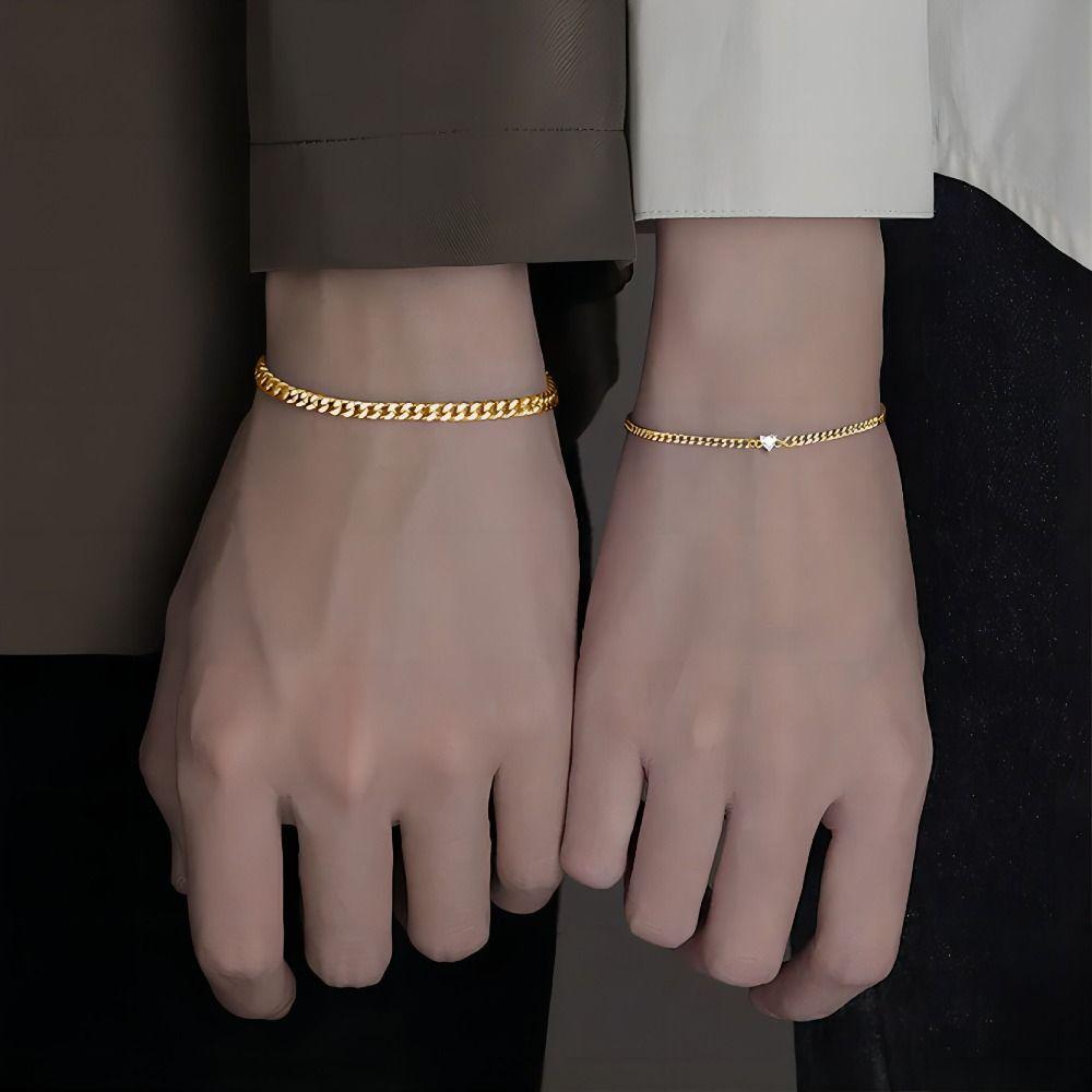 Corrente De Coração De Cristal LONNGZHUAN , Conjunto De Pulseira De Aço Inoxidável Em , Casal Dourada/Prateada