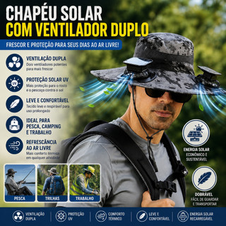 Chapéu Solar com Ventilador Duplo Proteção UV Alta Ventilação Pesca Trabalho Camping Caminhar