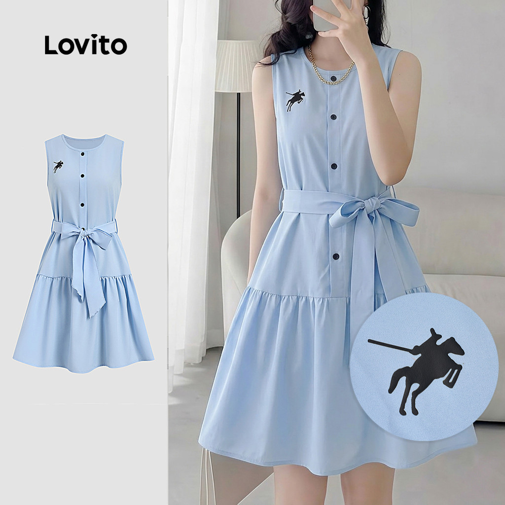 Lovito Vestido Casual Azul de Verão com Cinto Babado e estampa L198ED340