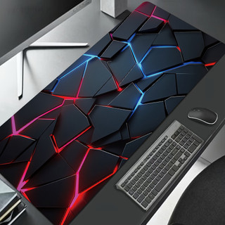 Mouse Pad Gamer Extra Grande Geométrico Luz Neon Vermelho Azul, Tapete de Mesa Antiderrapante Borda Costurada para PC