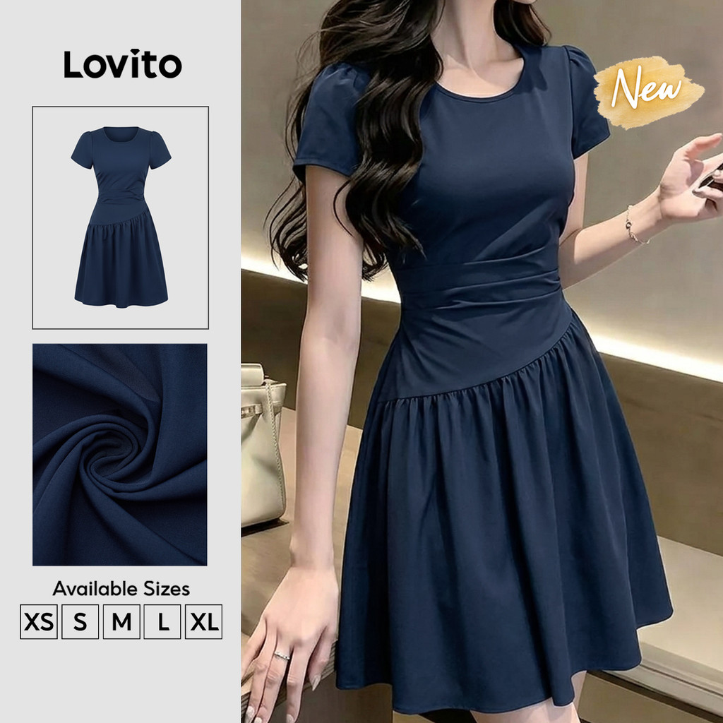 (New Arrival) Lovito Casual Structure Line Pleated Knee Length a Spring Summer Weekend Dark Blue Dress for Women DRB204P1D780