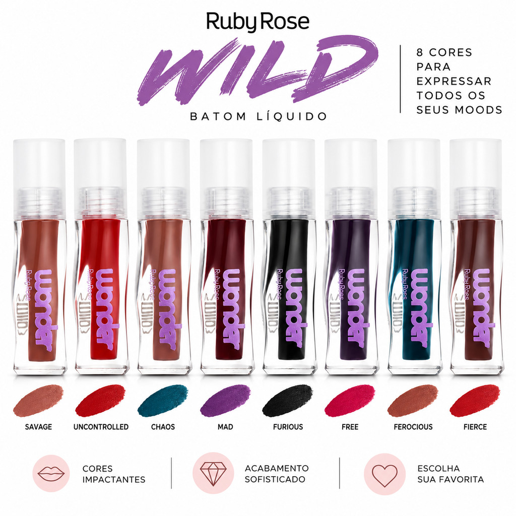 Batom Líquido Wild Wonder Ruby Rose Matte Efeito Blur 8 Cores Alta Pigmentação