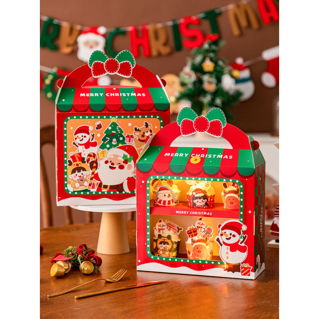 Caixa de embalagem de Cupcake de natal 6 peças janela feriado dos desenhos animados caixa de presente cozimento Muffin c