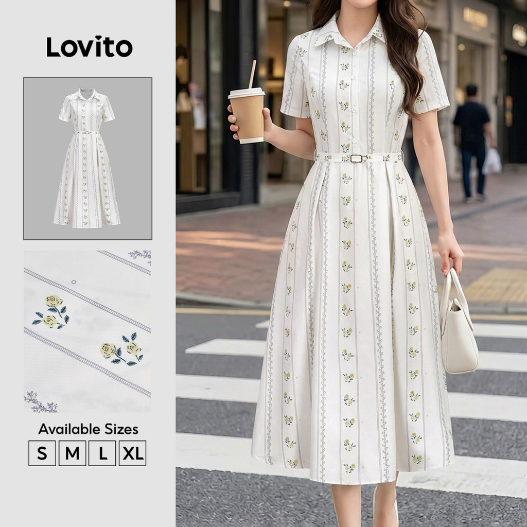Lovito Vestido Elegante Feminino Botões Frontais Padrão Primavera/Verão DRK8BR232