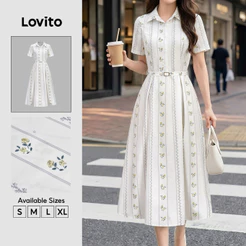 Lovito Vestido Elegante Feminino Botões Frontais Padrão Primavera/Verão DRK8BR232