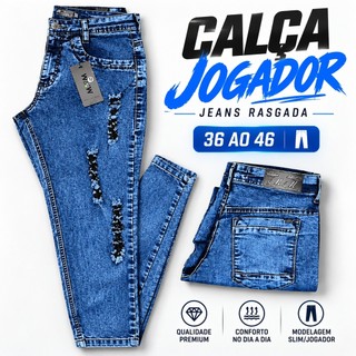 Calça Jeans Masculina Estilo Jogador Rasgada Clara Com Elastano Slim Premium Moda Masculina Marmorizada Envio Imediato