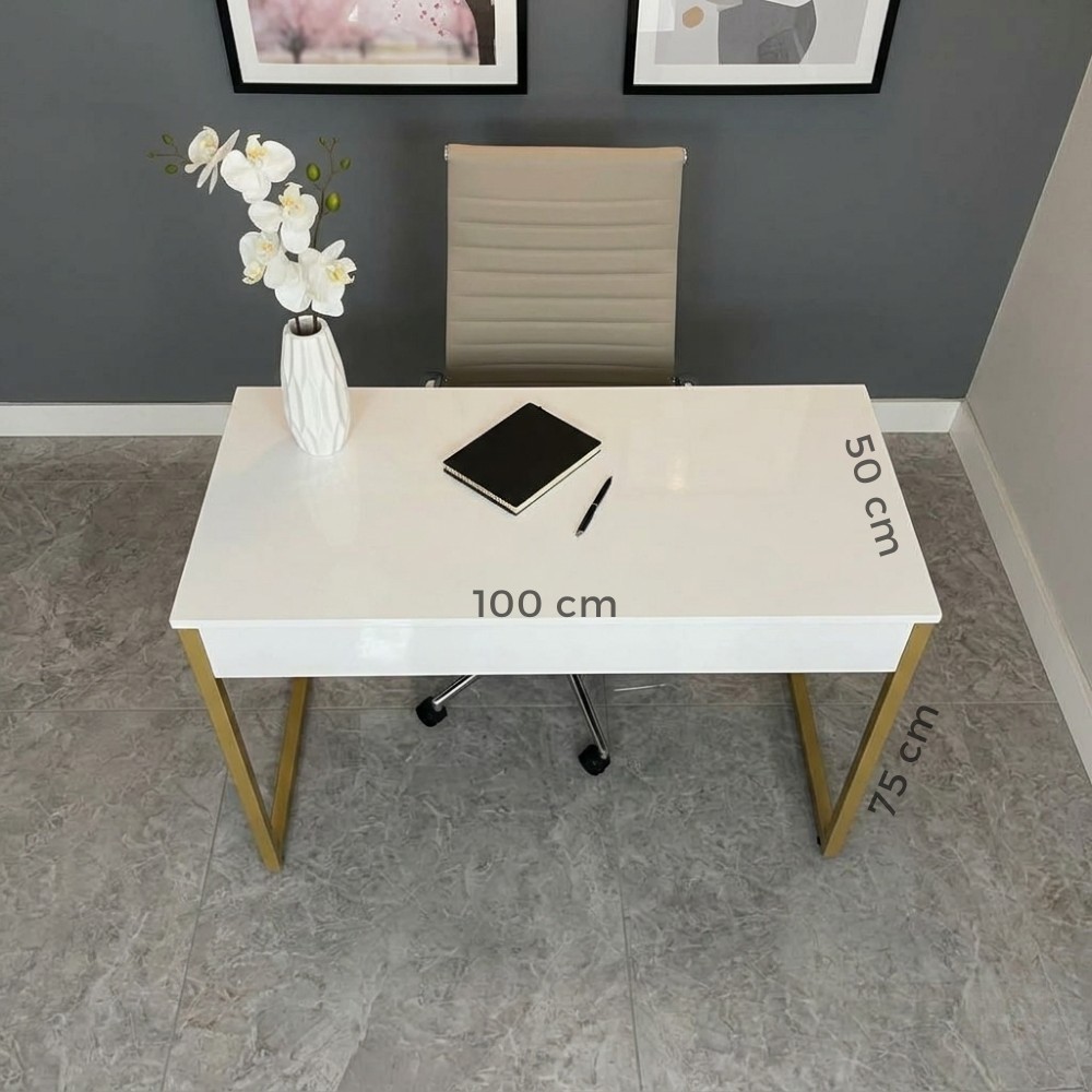 Mesa Escrivaninha 100 cm MDF Branco Metal Dourado Industrial Quarto Escritório Home Computador