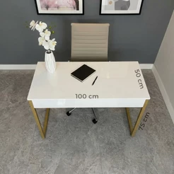 Mesa Escrivaninha 100 cm MDF Branco Metal Dourado Industrial Quarto Escritório Home Computador