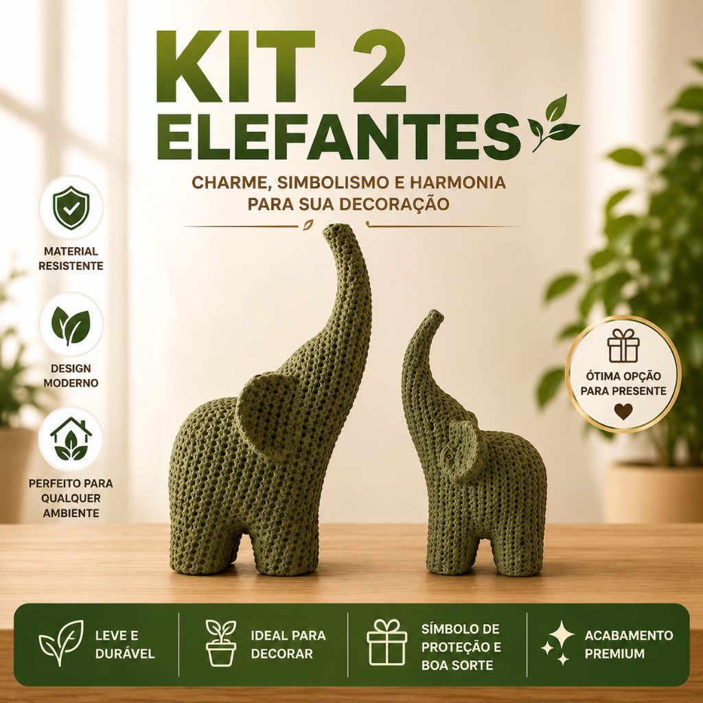 Kit 2 Elefantes da sorte Decorativos Minimalistas Luxo Sala Quarto Mesa Aparador Decoração Moderna