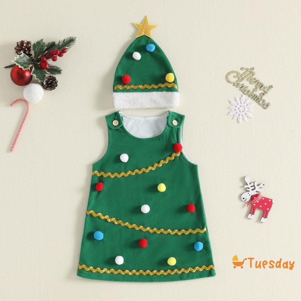 [TuSy] Vestido Infantil Feminino Evasê Sem Mangas Vestidos De Árvore De Natal Com Conjunto De Chapéu De Papai Noel