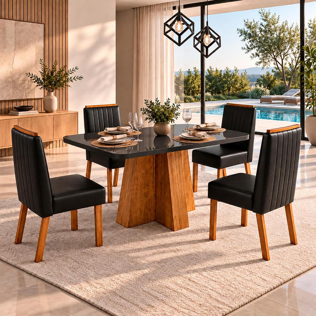 Sala de Jantar 130x90 Jet MDF/Vidro 4 Cadeiras Bom Pastor