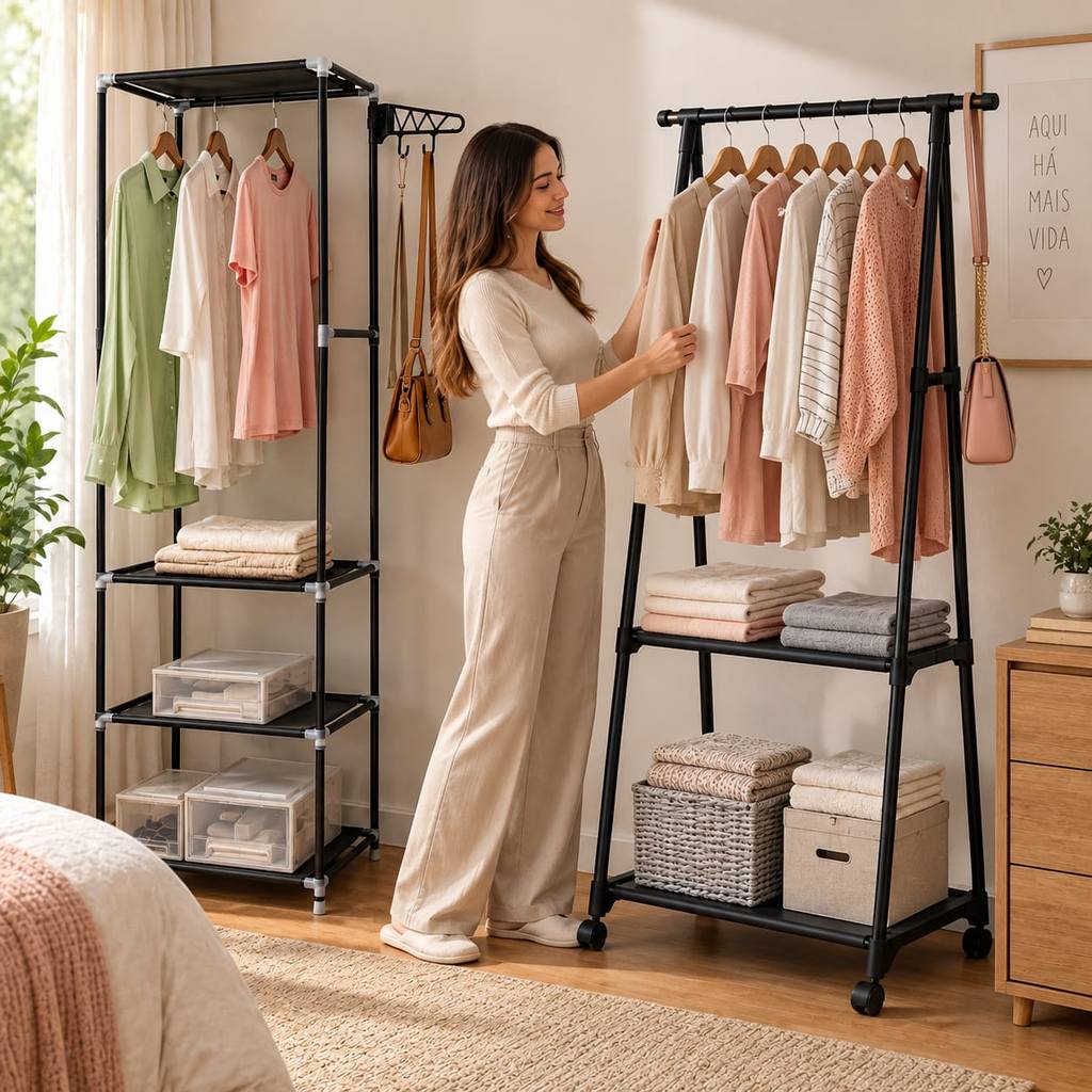 Arara de Roupas Cabideiro Organizador com Prateleiras para Quarto Closet Lavanderia Multiuso