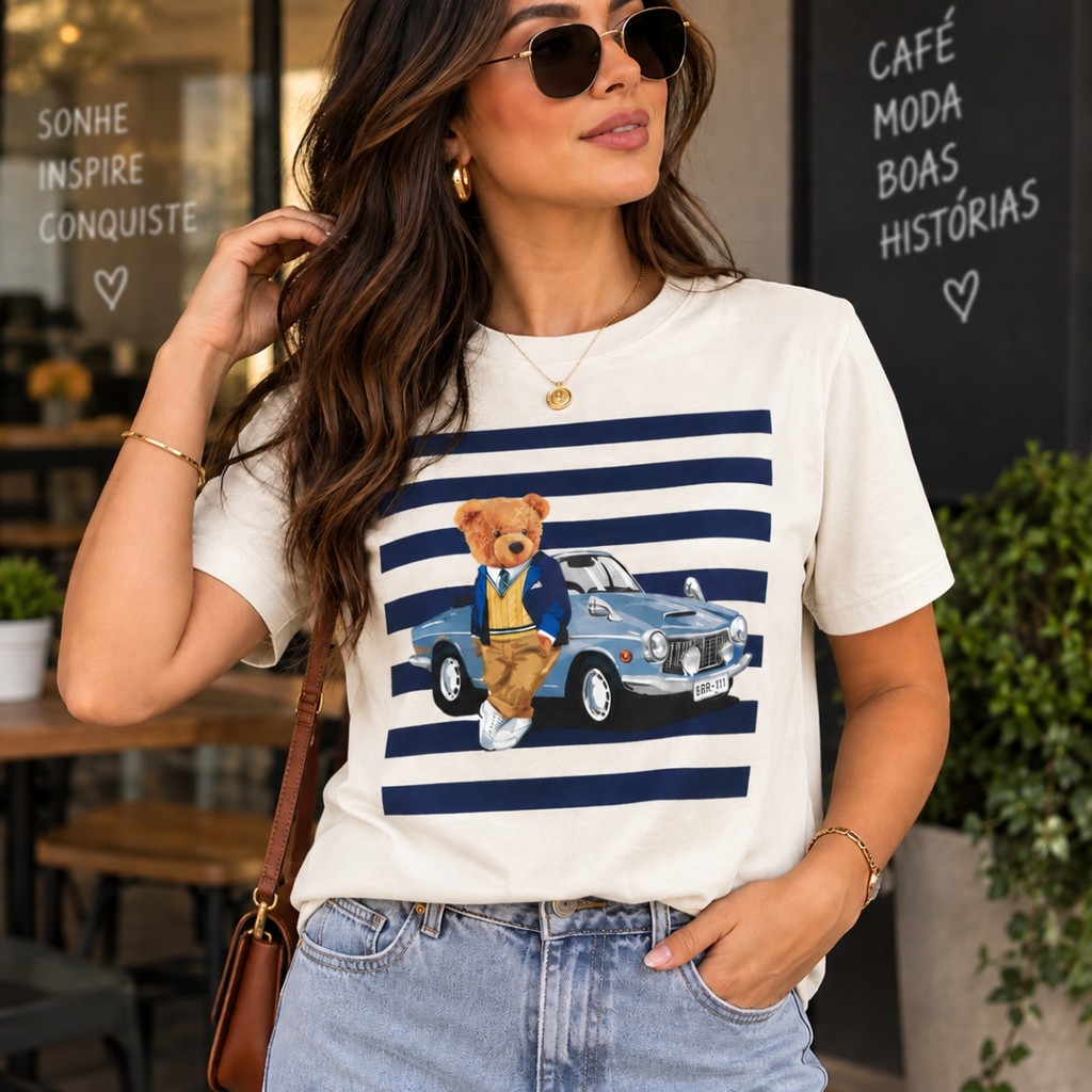 Camiseta Feminina Urso Vintage Carro Clássico Estampada 100% Algodão Casual Estilosa