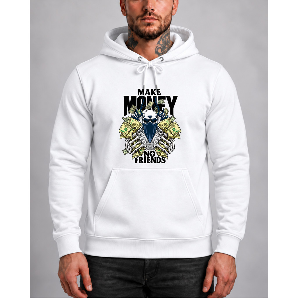 Moletom Canguru Masculino Make Money Not Friends Estampa Streetwear Caveira e Dinheiro Blusa Com Capuz