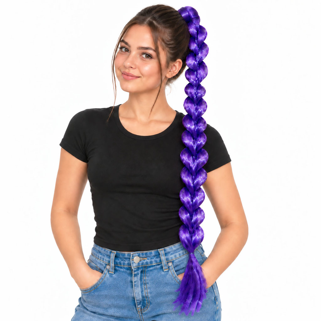 Aplique Trança Roxa 90cm Rabo de Cavalo K-pop Fantasia Cosplay Halloween