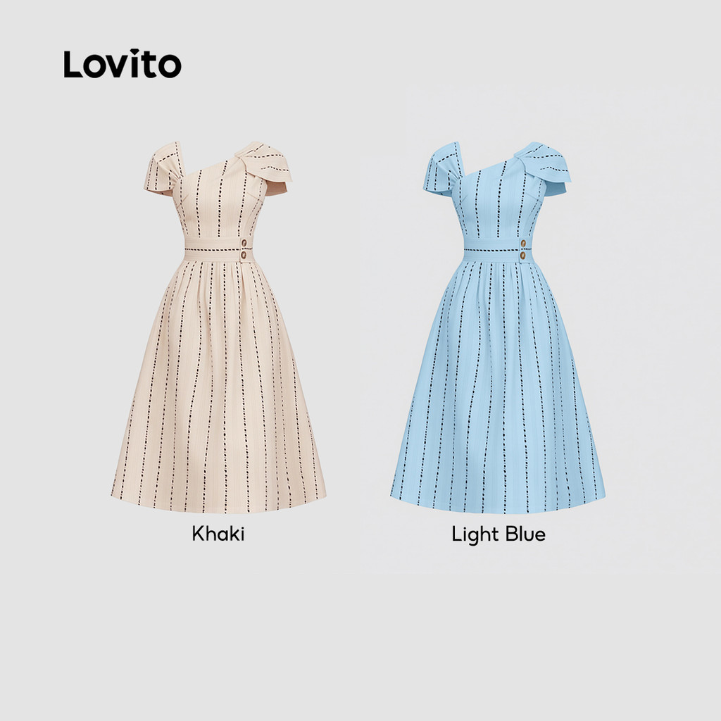 (Elegante) Lovito Vestido Listrado Com Botão Assimétrico Plissado Primavera/Verão Para Mulheres LK3ED896
