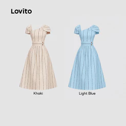 (Elegante) Lovito Vestido Listrado Com Botão Assimétrico Plissado Primavera/Verão Para Mulheres LK3ED896
