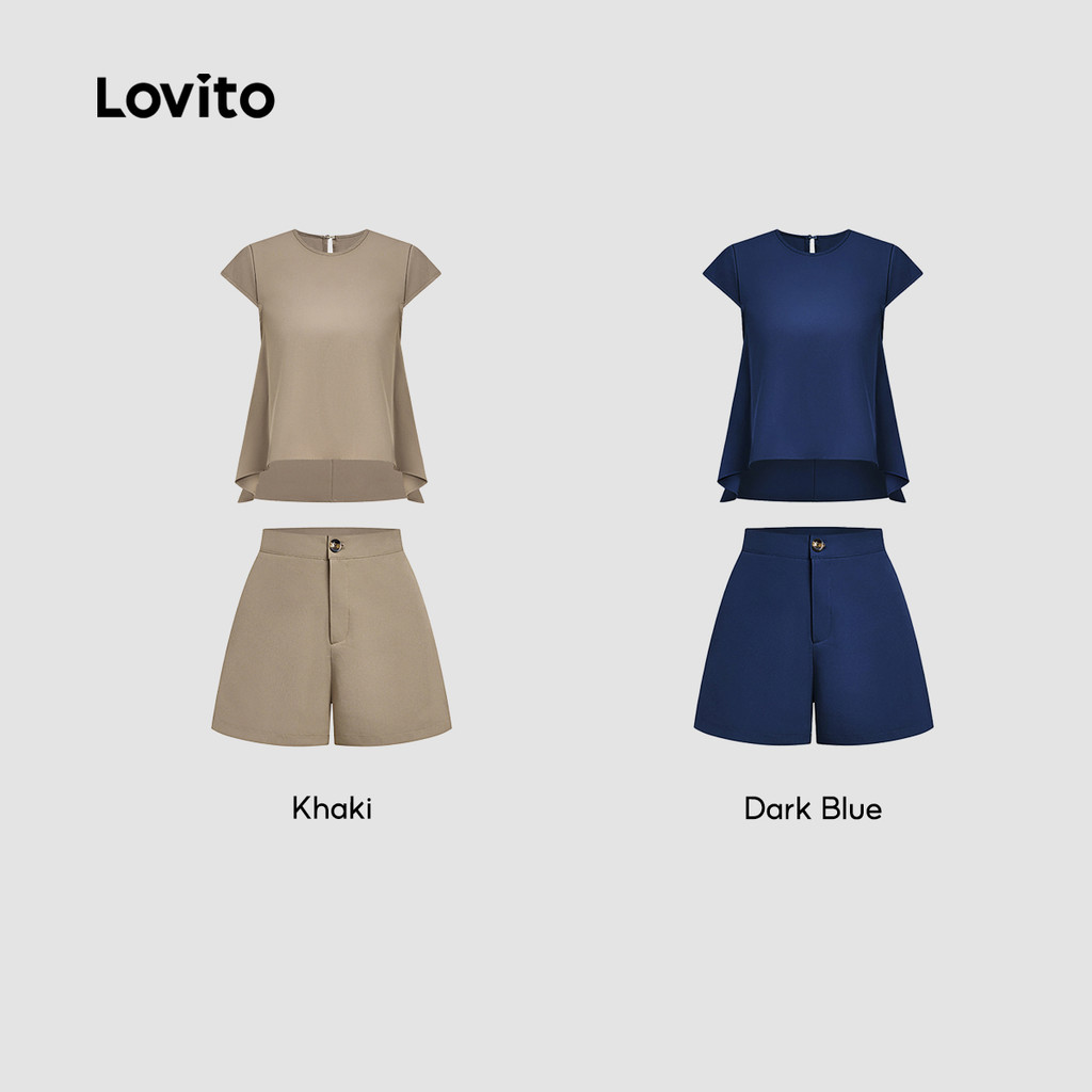 Lovito Casual Conjuntos de Shorts com Pregas para Primavera/verão Shorts Caqui para mulheres L154ED206\2