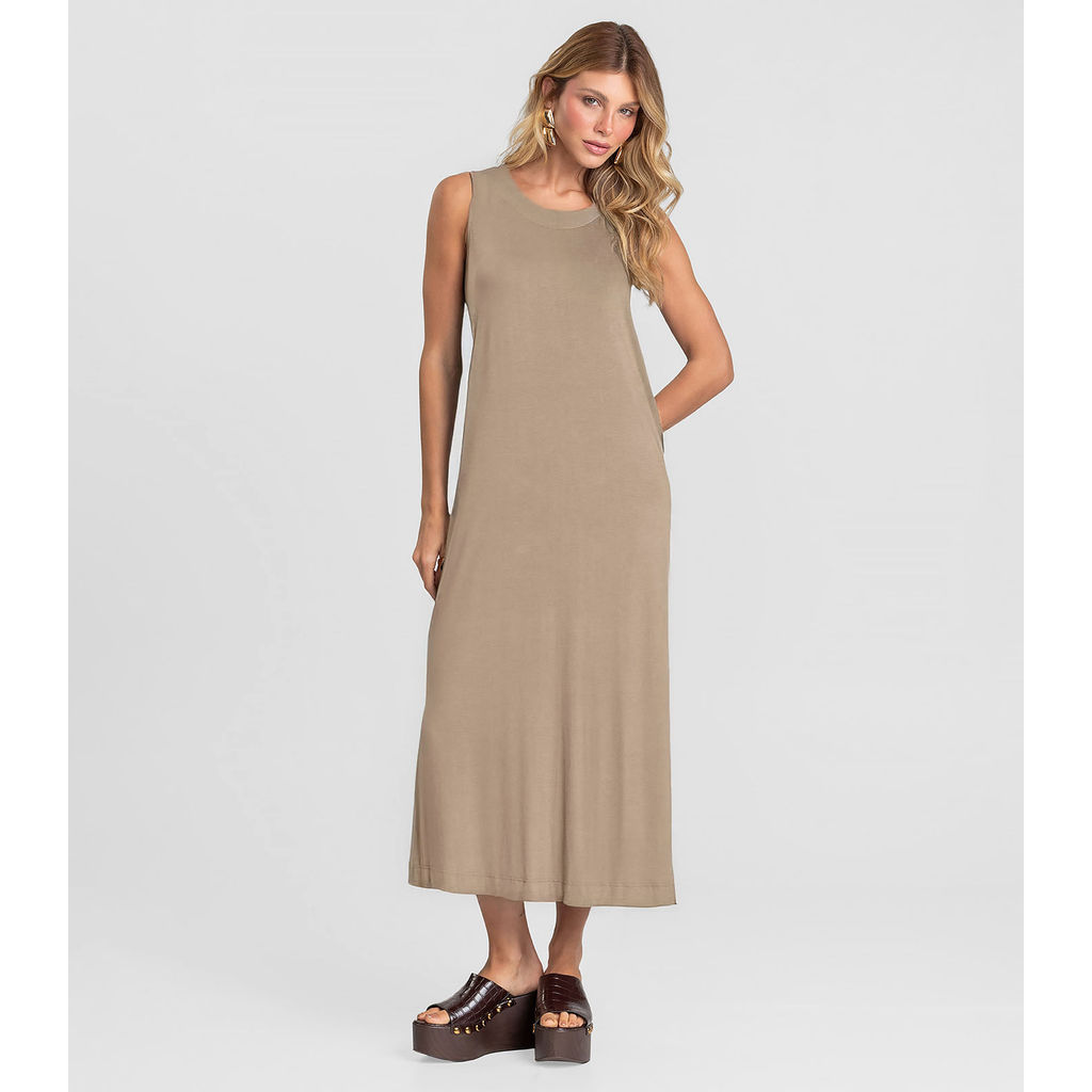 Vestido Midi Feminino em Malha Visco Dianna Marrom