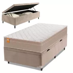 Cama Box Baú Solteiro Colchão Molas Qatar 88x188x63cm Bege/Branco Inducol - Suporta Até 200 Kg Por Pessoa