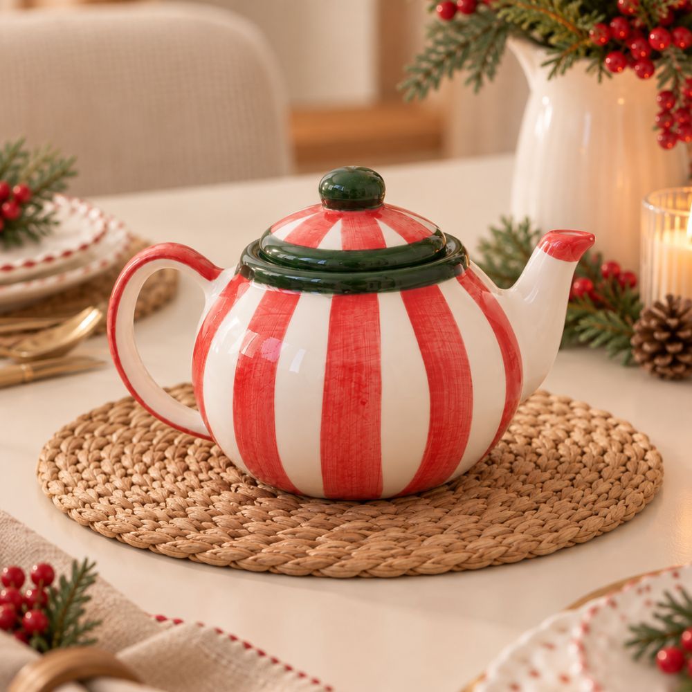 Bule de Chá Natalino Listrado em Cerâmica - Ideal para Chá, Café, Mesa Posta, Ceia e Decoração de Natal