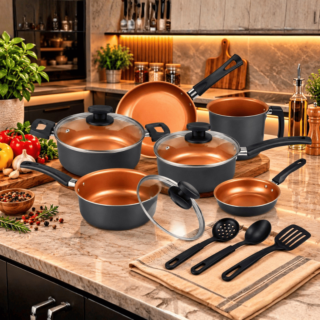 Jogo de Panelas Kit 9 Pçs Antiaderente Tampa Vidro Teflon