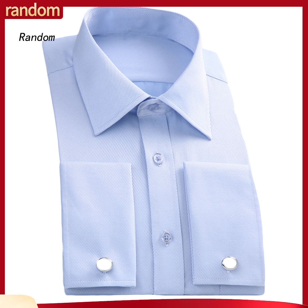 [RAN] Moda Masculina Com Punho Francês Manga Comprida Algodão Camisa Empresarial Top Abotoaduras