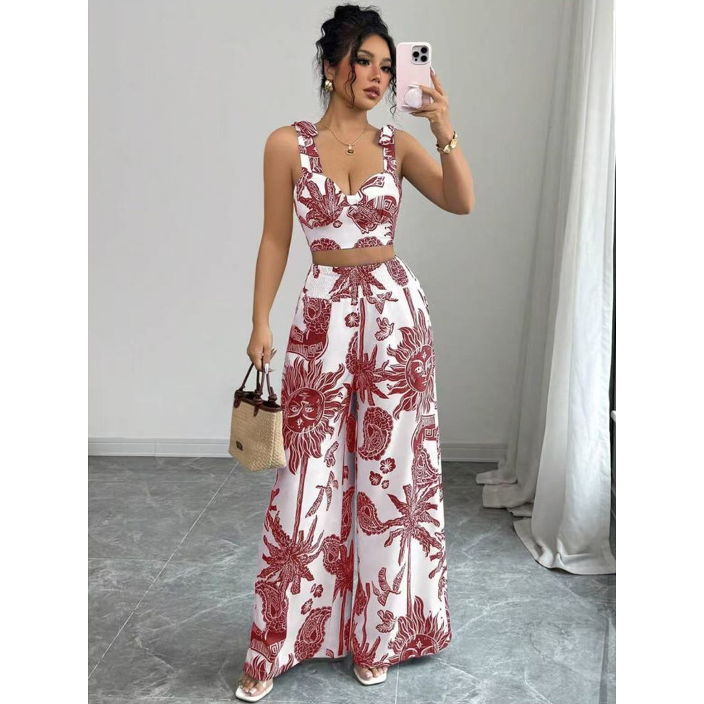 Conjunto feminino de duas peças: blusa de alcinha com decote em V + calça pantalona com cintura elástica. Ideal para o v