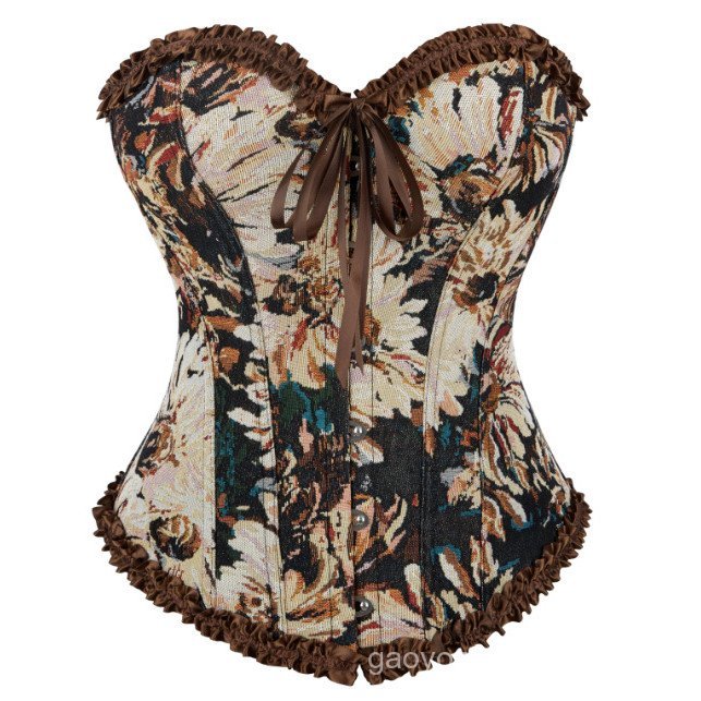 Espartilho Feminino Vintage Renascentista Renda Jacquard Overbust Com Babados