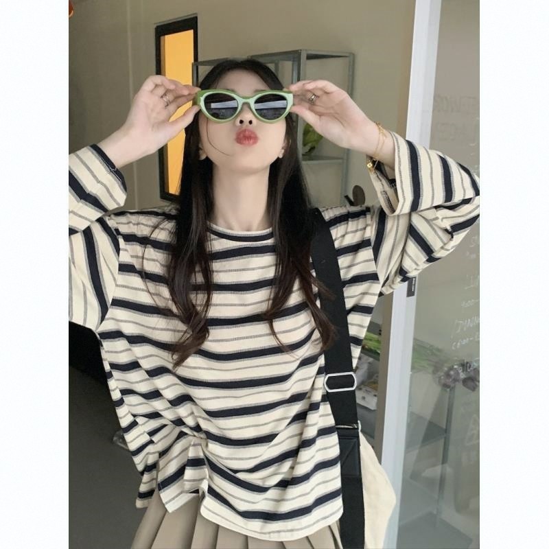 Camiseta feminina listrada com gola redonda, manga comprida, primavera outono, novo estilo, sensação solta, aparência ma