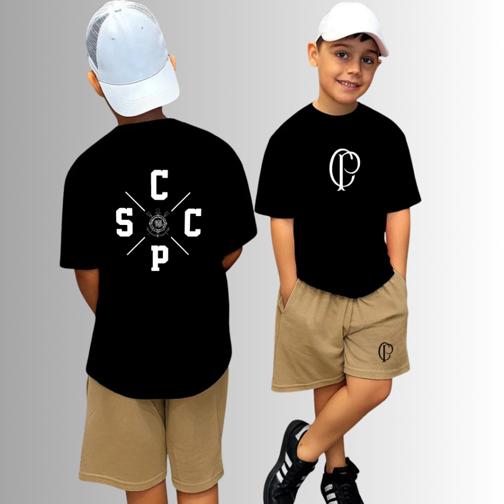Conjunto Infantil malha fio 30.1 Camiseta + Short Moletinho Times de Futebol timão lançamento