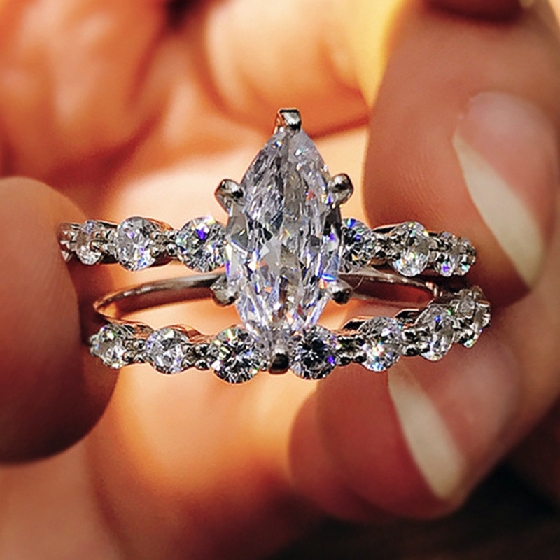 Novo estilo anel moda High-End completo diamante zircão anel conjunto de duas peças, anel de diamante em forma de Marqui