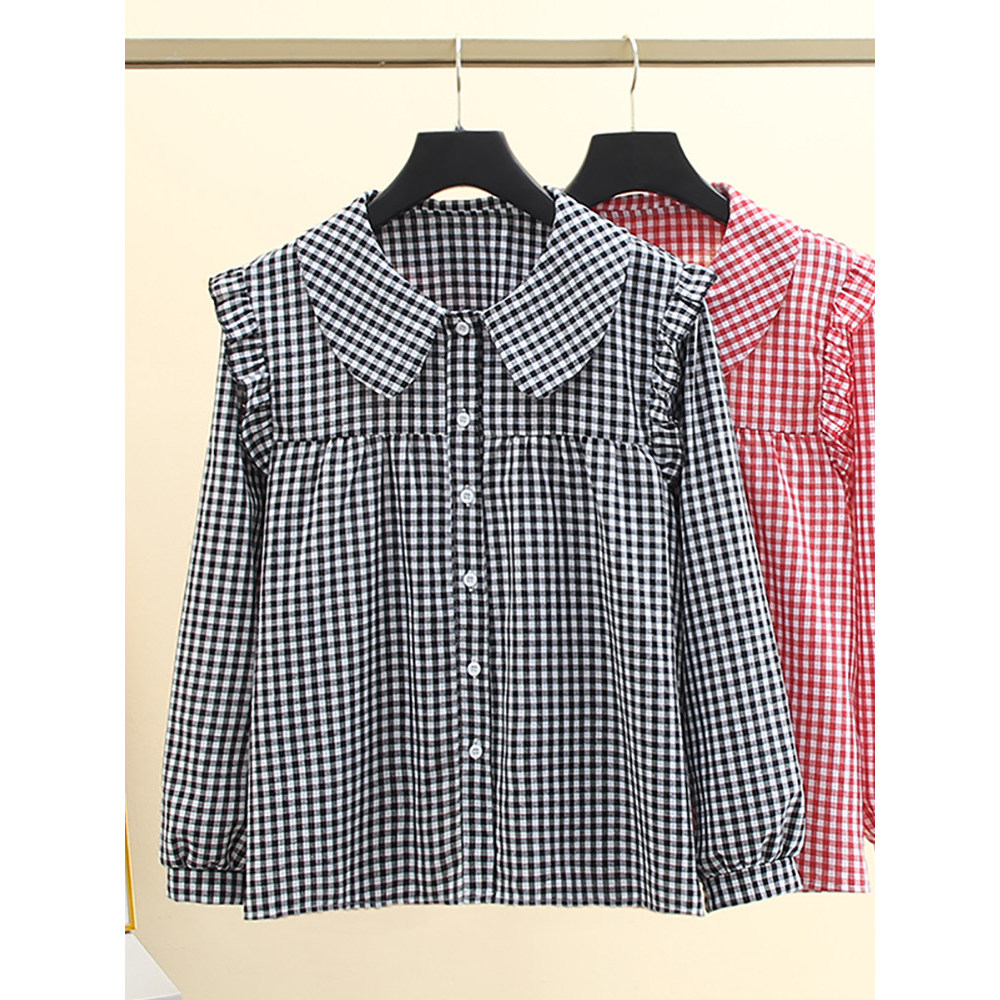 P camisa xadrez feminina de manga comprida primavera outono novo estilo versão coreana estudante solto estilo ocidental 